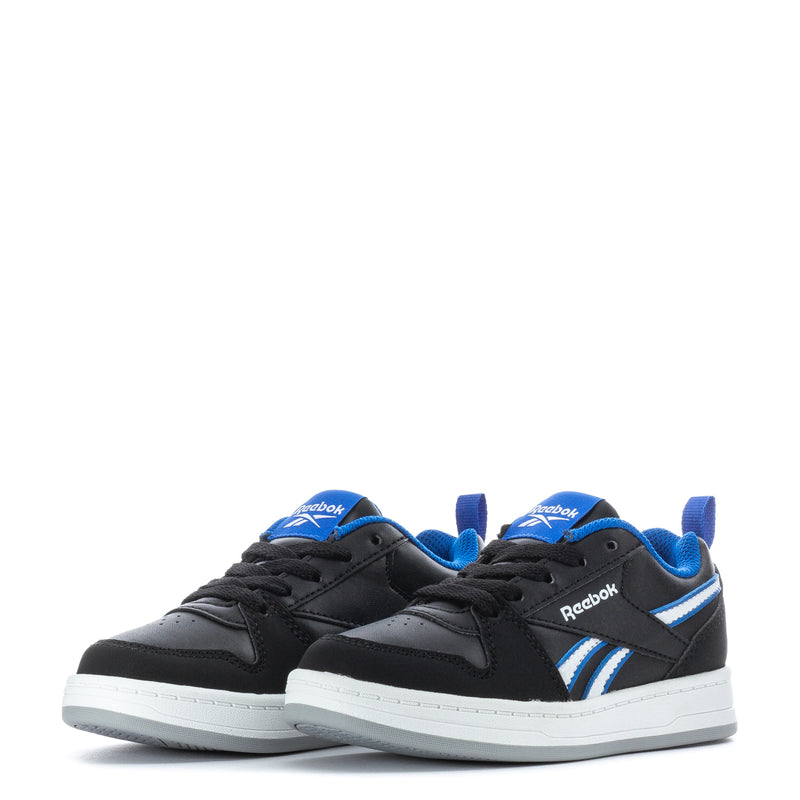 Kids Reebok sneakers, black with blue laces and matching side stripes, white outsole