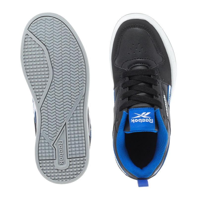Kids Reebok sneaker outsole and black upper with blue lining, lace-up