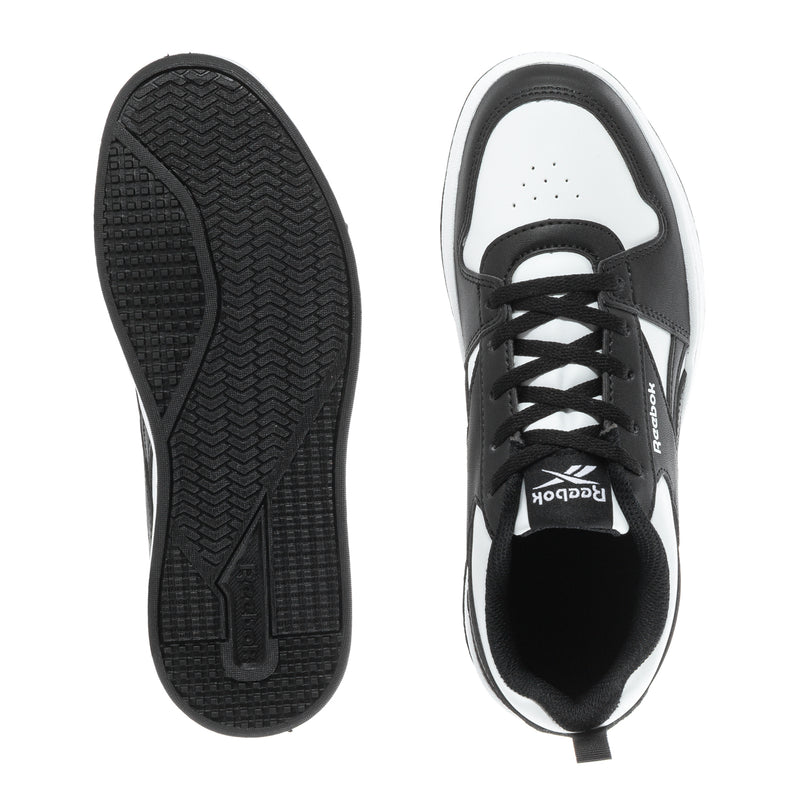 Kids Reebok sneaker outsole and inside view, black and white lace-up.