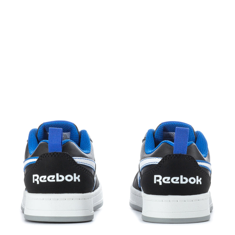 Kids Reebok sneakers, black heel with Reebok logo and blue collar, white sole