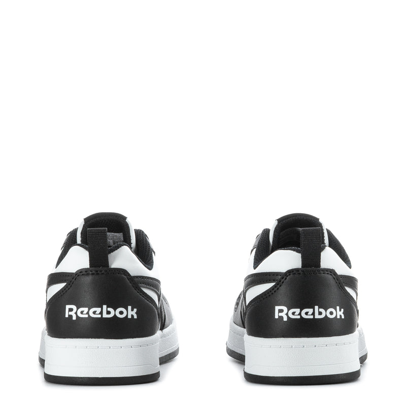 Kids Reebok sneaker heel view, black upper with white midsole and lace loops.