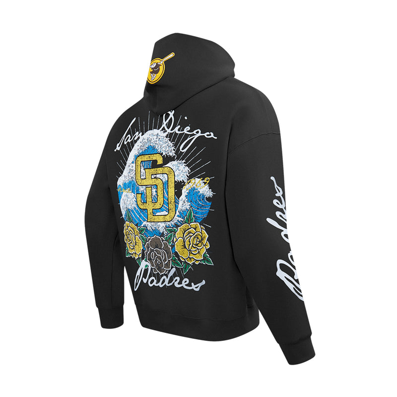Men's black hoodie with back graphic and white script Padres text on sleeve