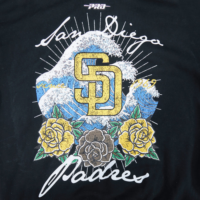 Close-up: large SD wave design with roses and Padres script on black hoodie