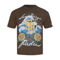 Men's brown crewneck tee with blue wave, roses, and gold Padres crest graphic