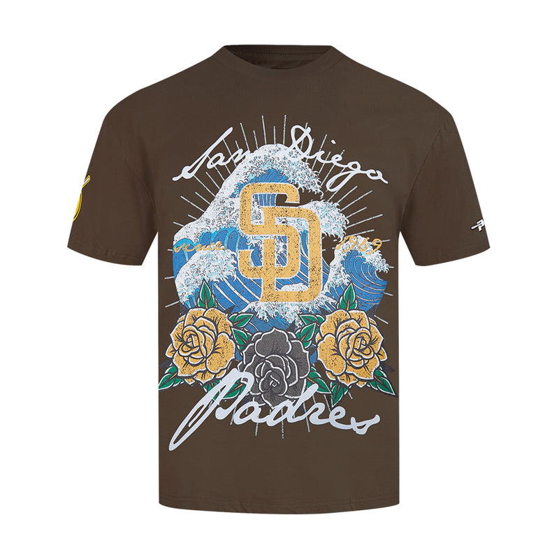 Men's brown crewneck tee with blue wave, roses, and gold Padres crest graphic