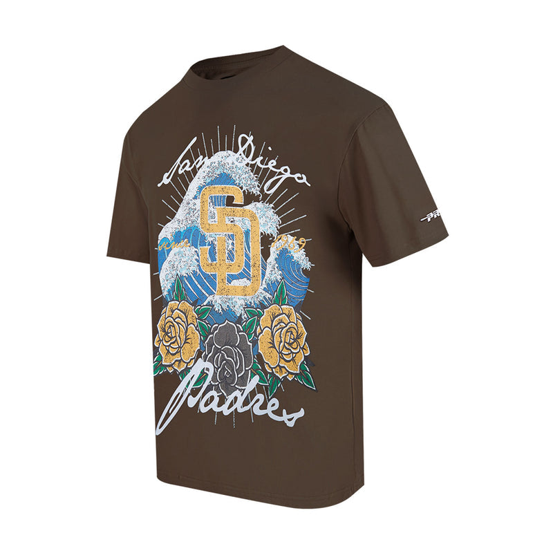 Men's brown crewneck tee with large centered blue rose and gold crest graphic