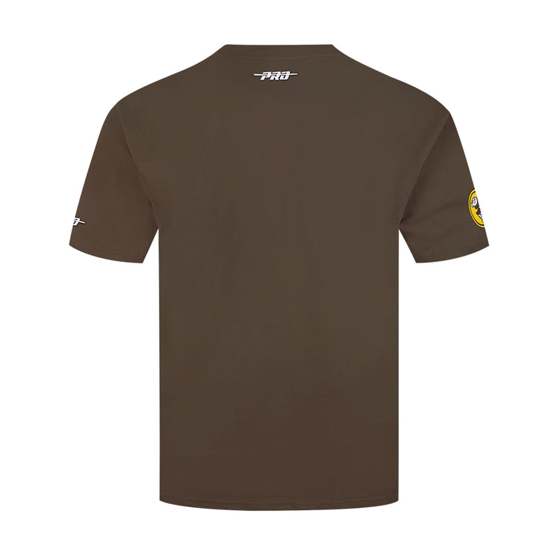 Men's brown crewneck tee back view with small white logo at neckline and side print