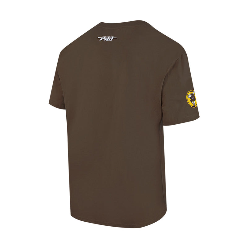 Men's brown crewneck tee back view with yellow circular sleeve logo