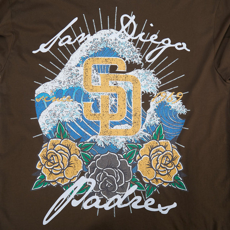 Men's brown tee close-up: blue wave, roses, and gold Padres crest front graphic