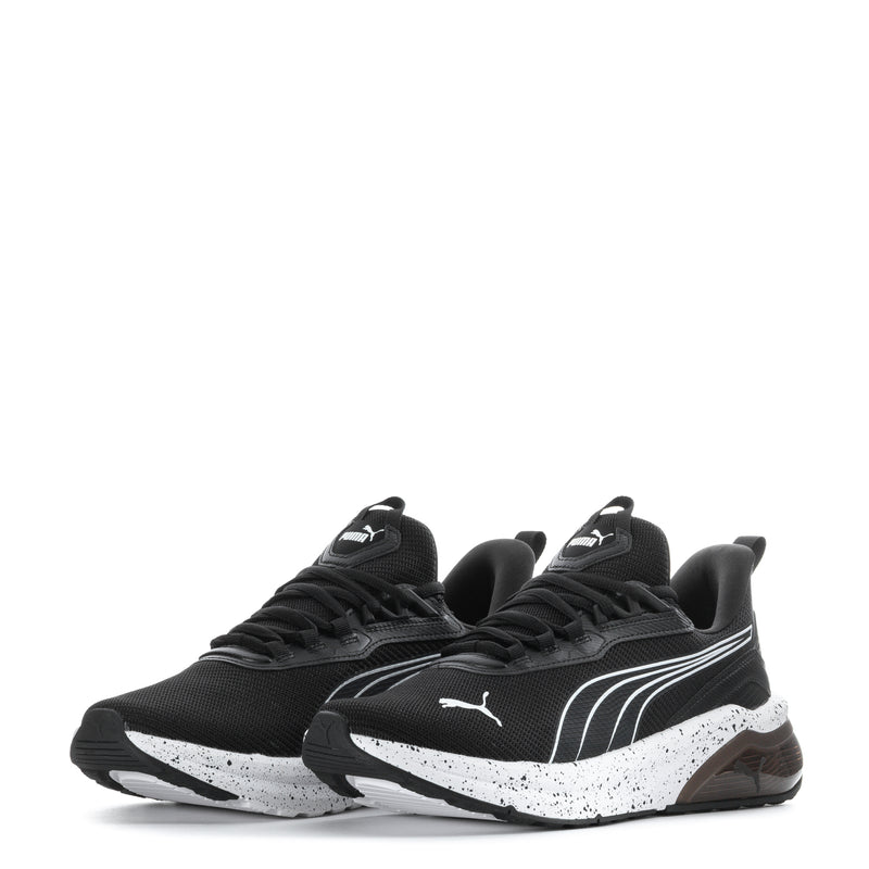 Pair of men's black running shoes with white PUMA stripe and speckled midsoles