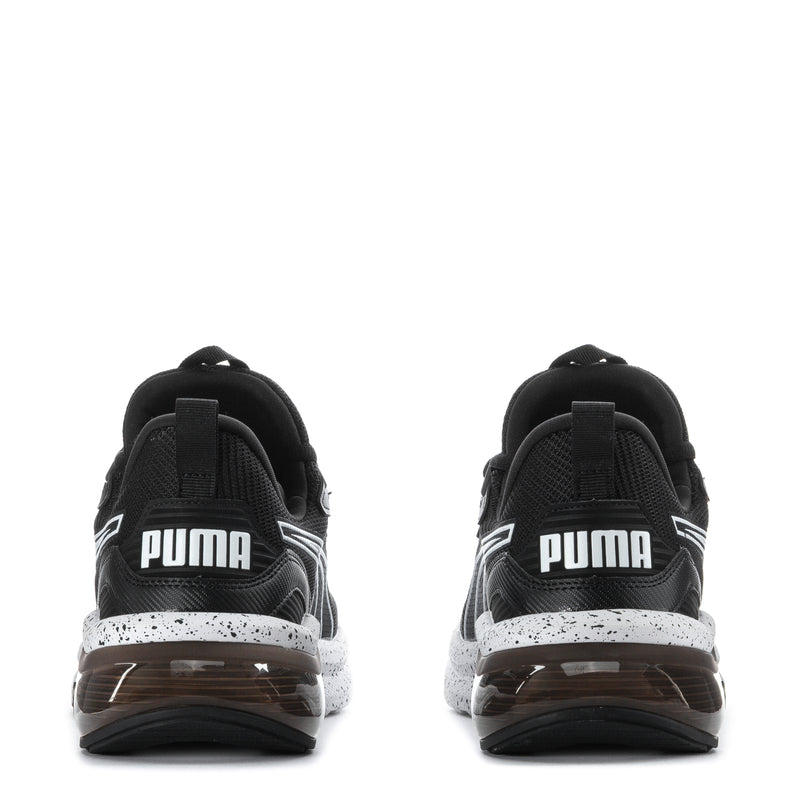 Men's black running shoe back view with PUMA branding and speckled sole