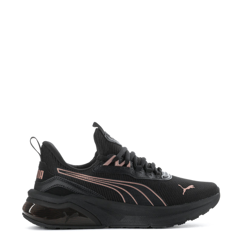 Black women's running sneakers with rose-gold Puma logo accents and lace-up design