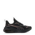 Black women's running sneakers with rose-gold Puma logo accents and lace-up design