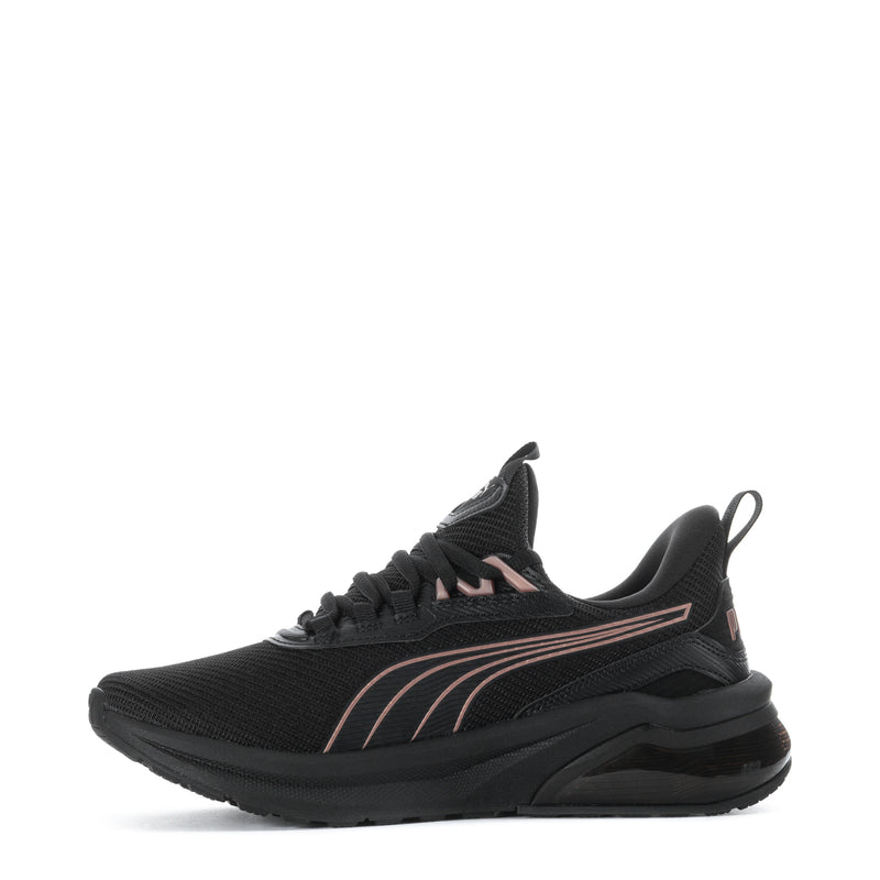Black women's lace-up running sneakers with rose-gold stripe detailing and Puma logo