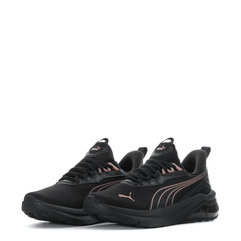 Black women's running sneakers, front/side view with rose-gold Puma logo accents