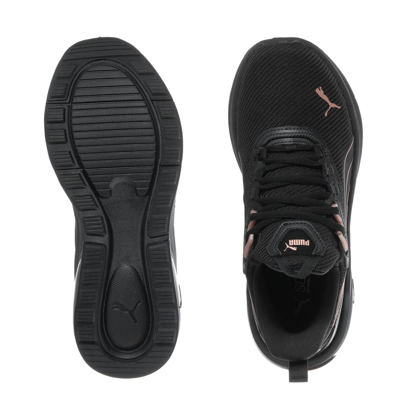 Black sneaker outsole and top opening view with lace closure and Puma mark detail