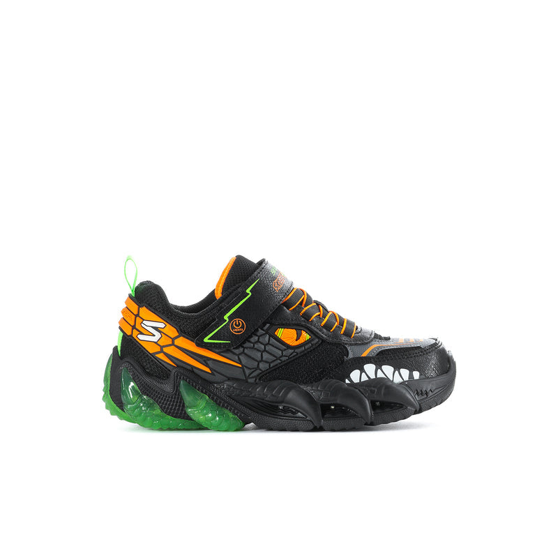 Kids' black sneaker with orange laces, green accents, dinosaur-themed side graphics