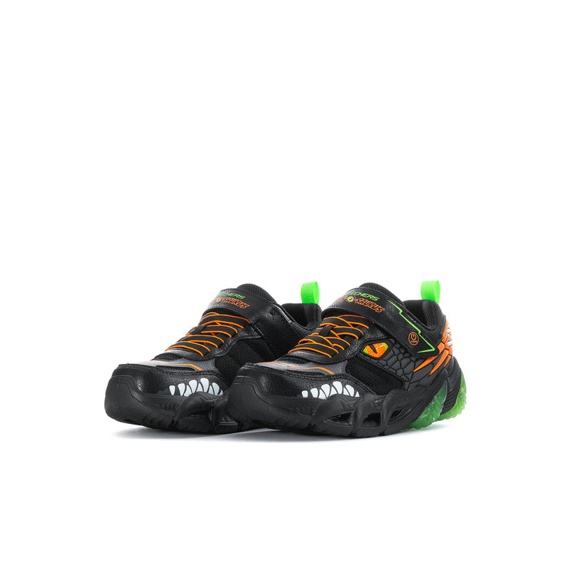Pair of kids' black sneakers with orange trim, green heel accents, lace-up style