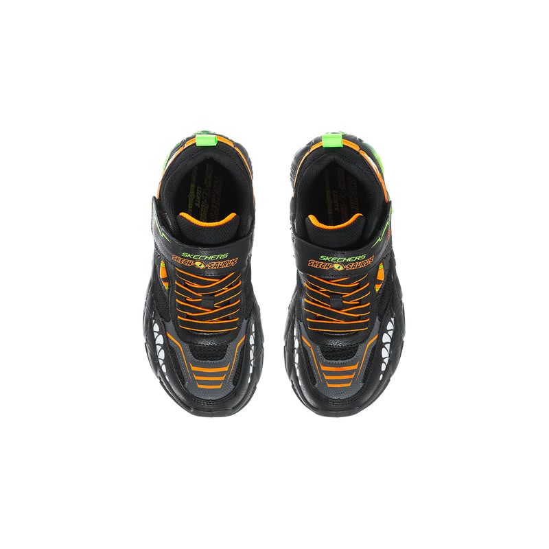 Kids' black lace-up sneakers with orange stripes and green heel pull tab