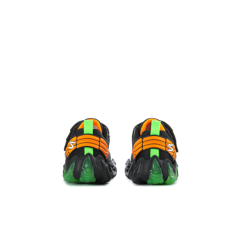 Back view of kids' black sneakers with orange stripe detailing and green heel accents