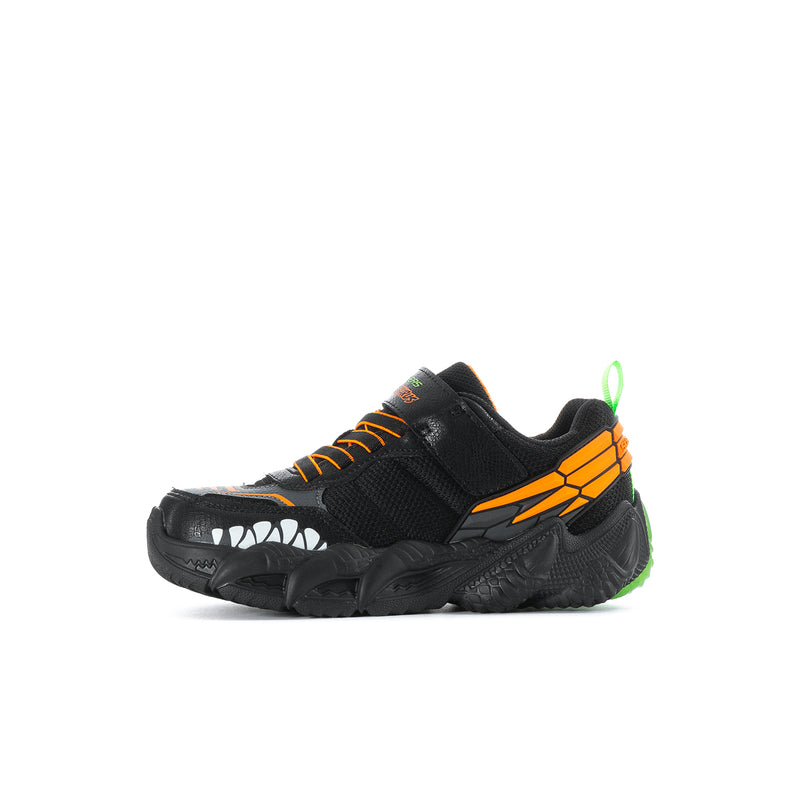 Kids' black sneaker side view with orange laces, dinosaur-tooth graphic detail