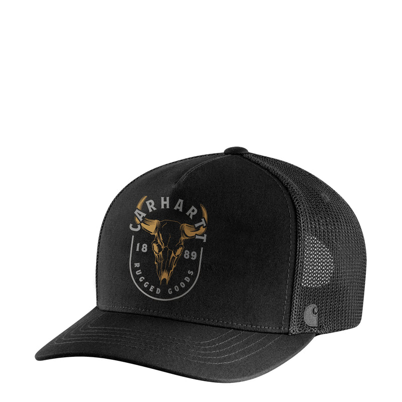 Black canvas trucker cap with skull graphic front logo patch