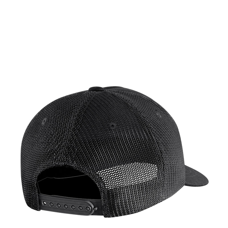 Black trucker cap with mesh back and adjustable metal snap strap
