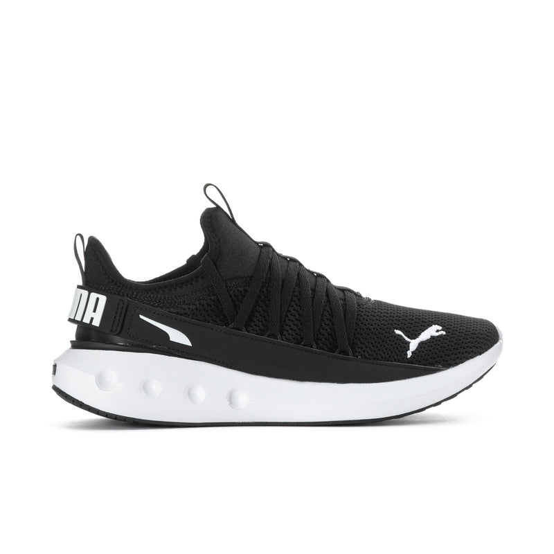 Men's black knit slip-on running shoes with white midsole and Puma logo