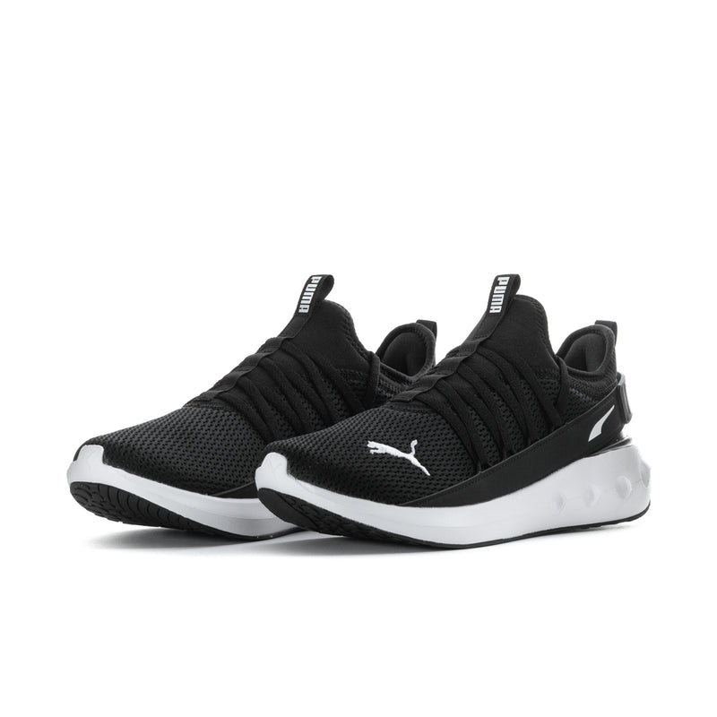 Men's black slip-on running shoes with ribbed upper, white midsole, Puma logo