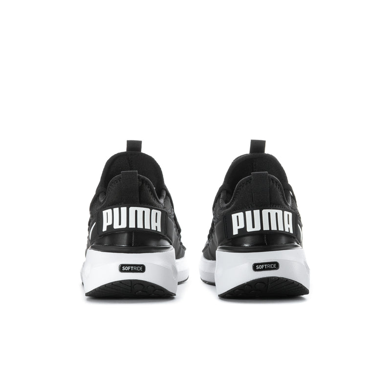 Men's black slip-on running shoes with Puma heel branding and white Softride detail