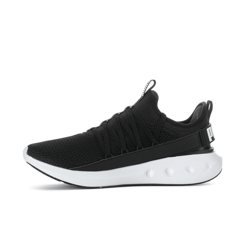 Men's black knit slip-on running shoes with white cushioned sole and Puma logo