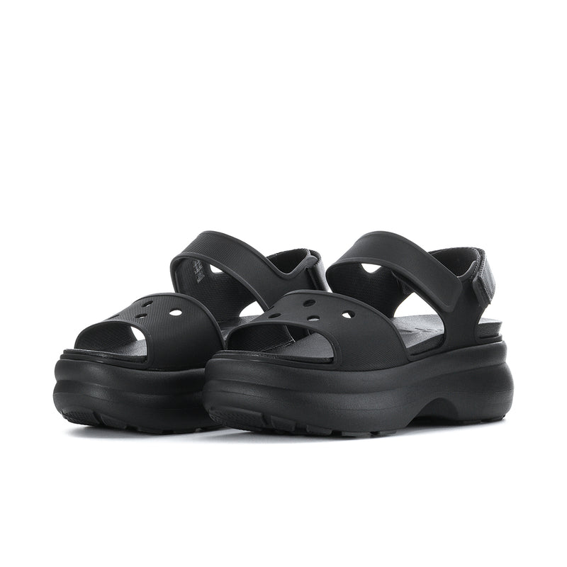 Black Y-strap platform sandals, open toe with two-piece upper