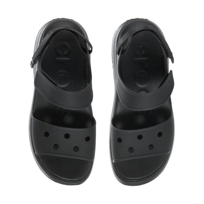 Black Y-strap sandal uppers with perforated toe panels and hook-and-loop strap