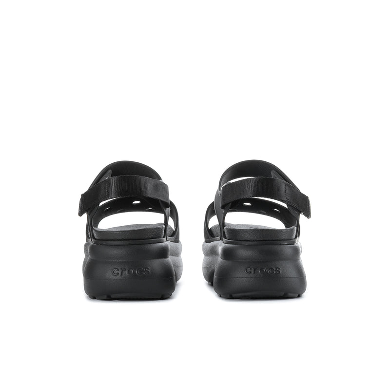 Black Y-strap platform sandals from the back with adjustable heel strap