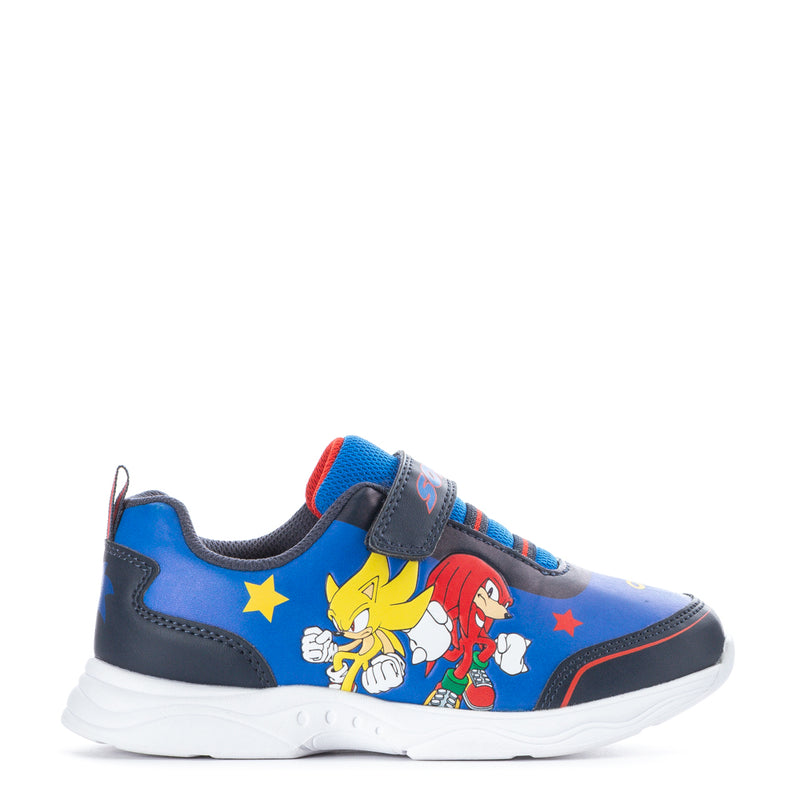 Kids blue and navy low-top sneakers with character print and hook-and-loop strap