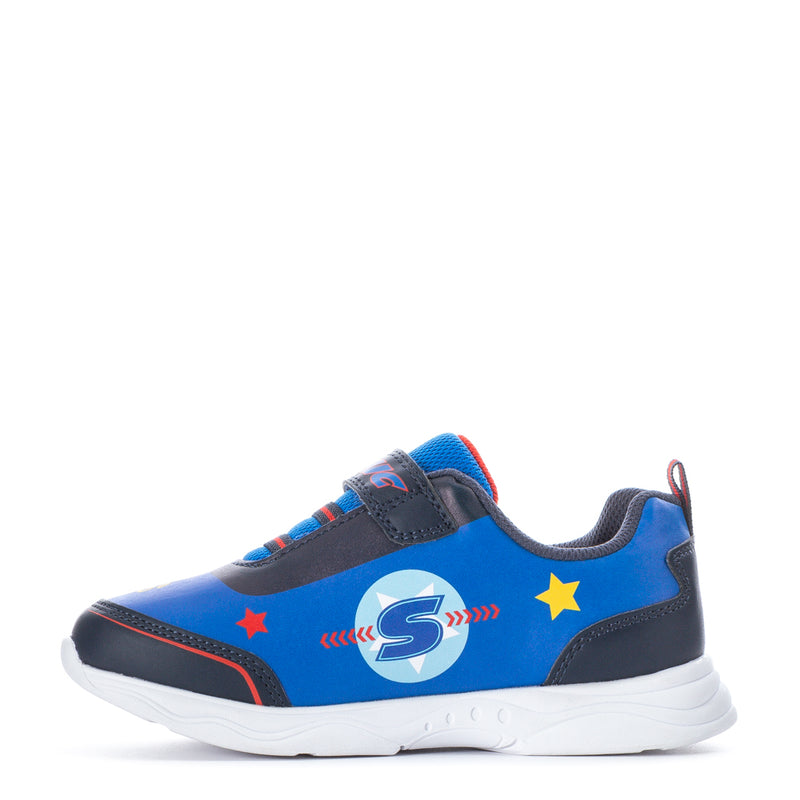 Kids blue and navy low-top sneakers with S logo and hook-and-loop strap
