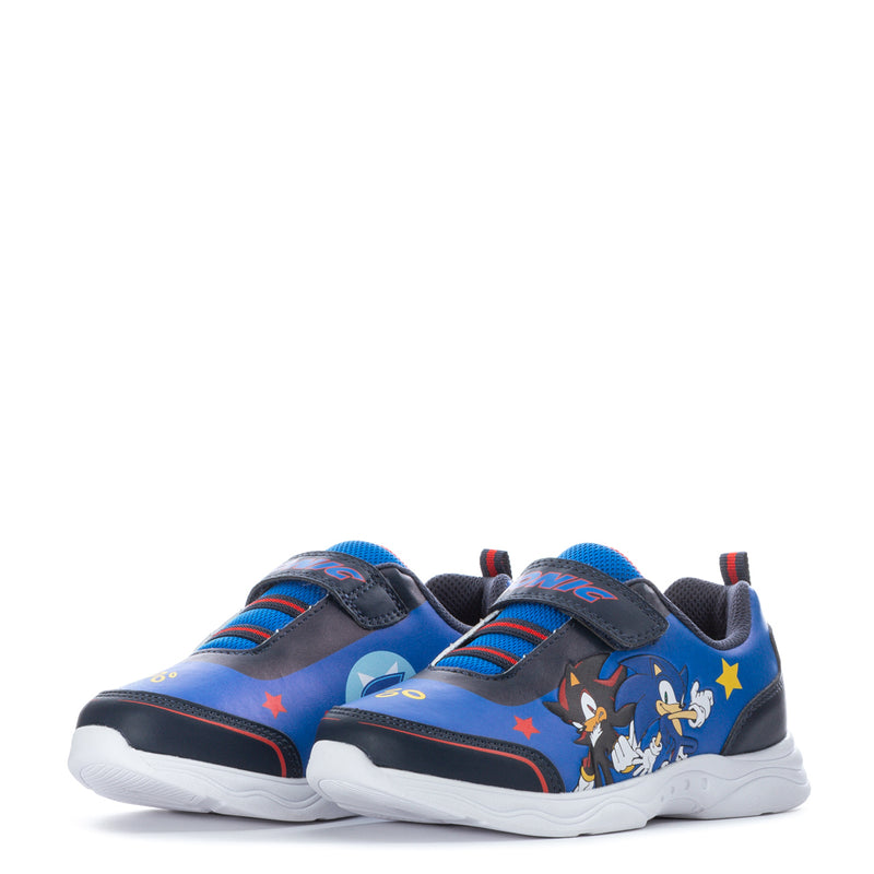Kids blue and navy low-top sneakers pair with character graphics and white cushioned sole