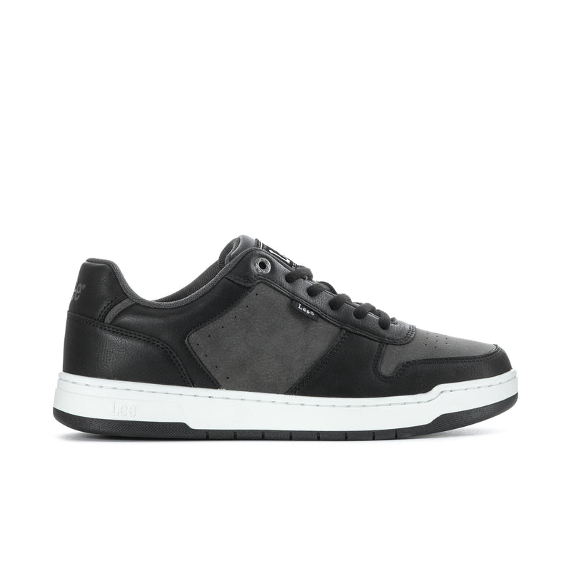 Men's black lace-up sneakers with gray suede paneling and white rubber sole