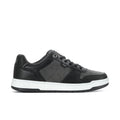Men's black lace-up sneakers with gray suede paneling and white rubber sole