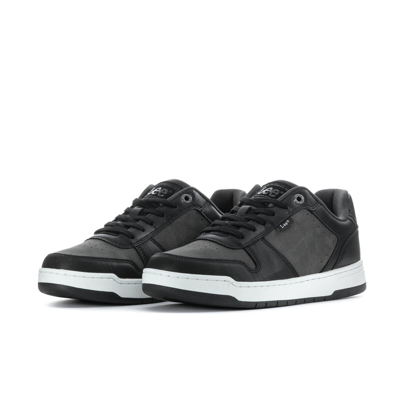 Men's black lace-up sneakers, pair view, with white midsole and black rubber outsole