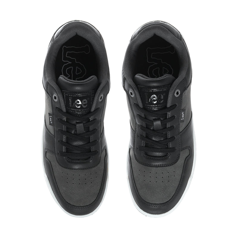 Men's black lace-up sneakers shown from toe opening, Lee logo on tongue lining