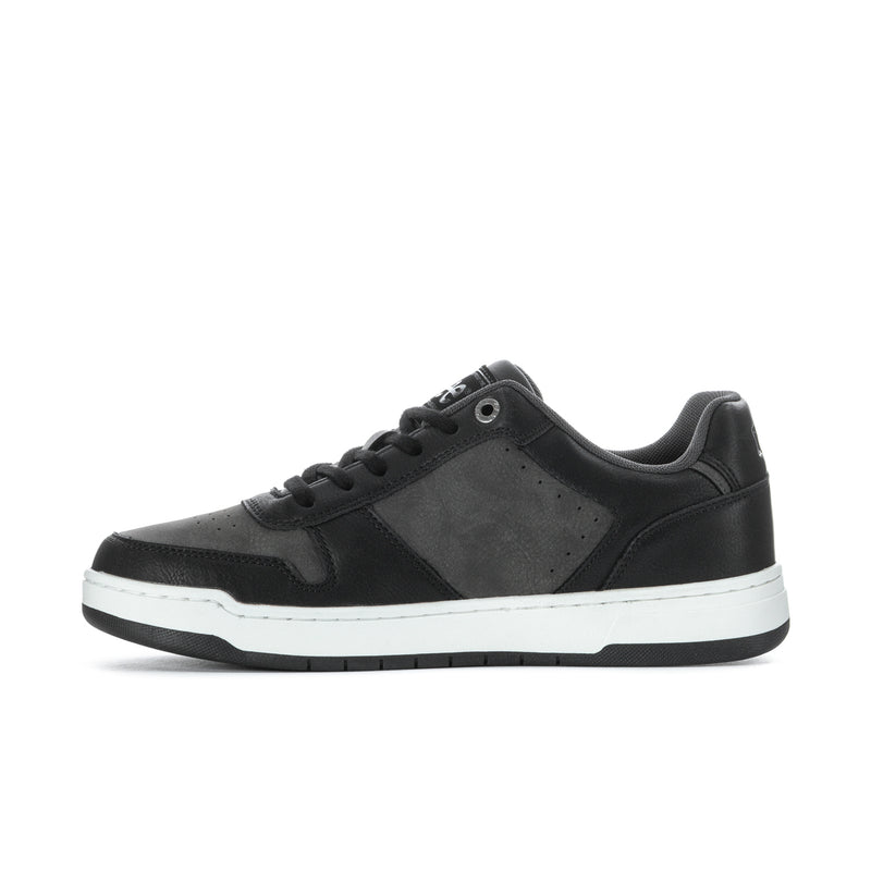 Men's black lace-up sneakers with gray suede side panel and white rubber sole