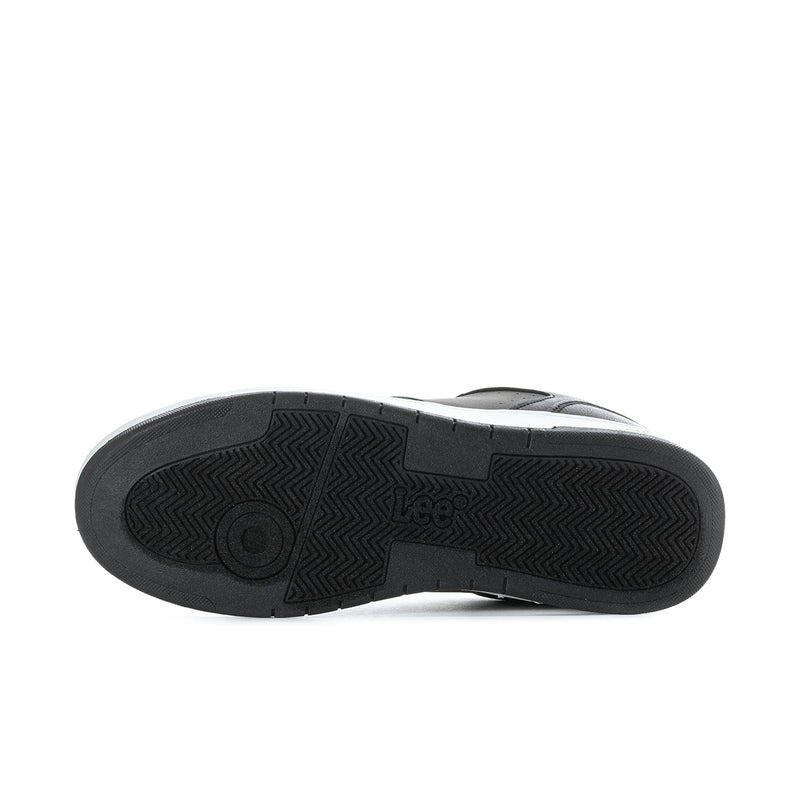 Black sneaker outsole view with textured tread and Lee logo near the heel