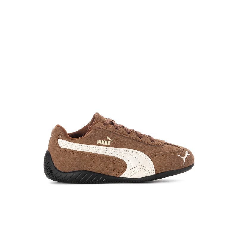 Kids brown and white low-top sneakers with lace-up closure and black rubber sole
