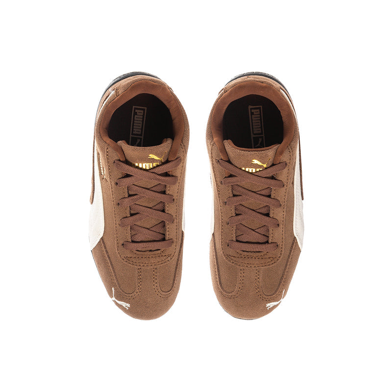 Kids brown and white sneakers, lace-up front view with visible inner lining