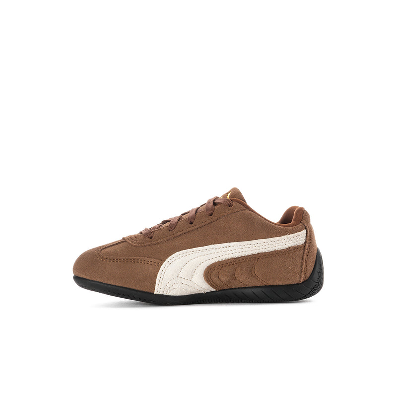 Kids brown suede low-top sneaker with white mid-panel and lace-up front