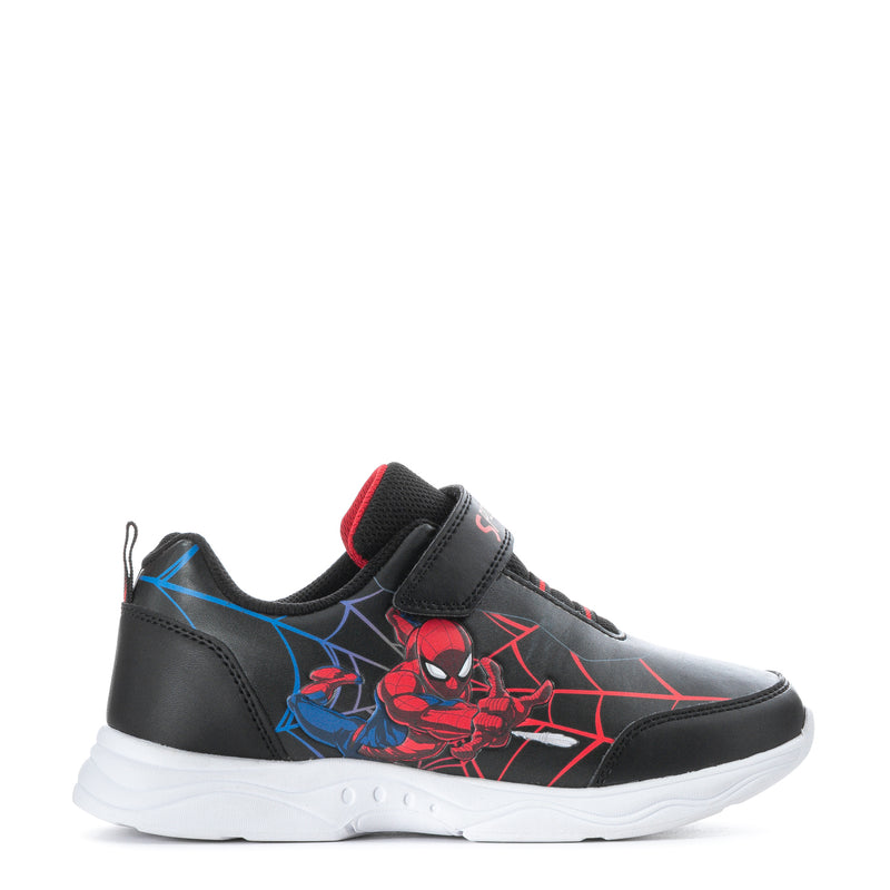 Kids low-top sneakers, black with red/blue Spider graphic and white sole