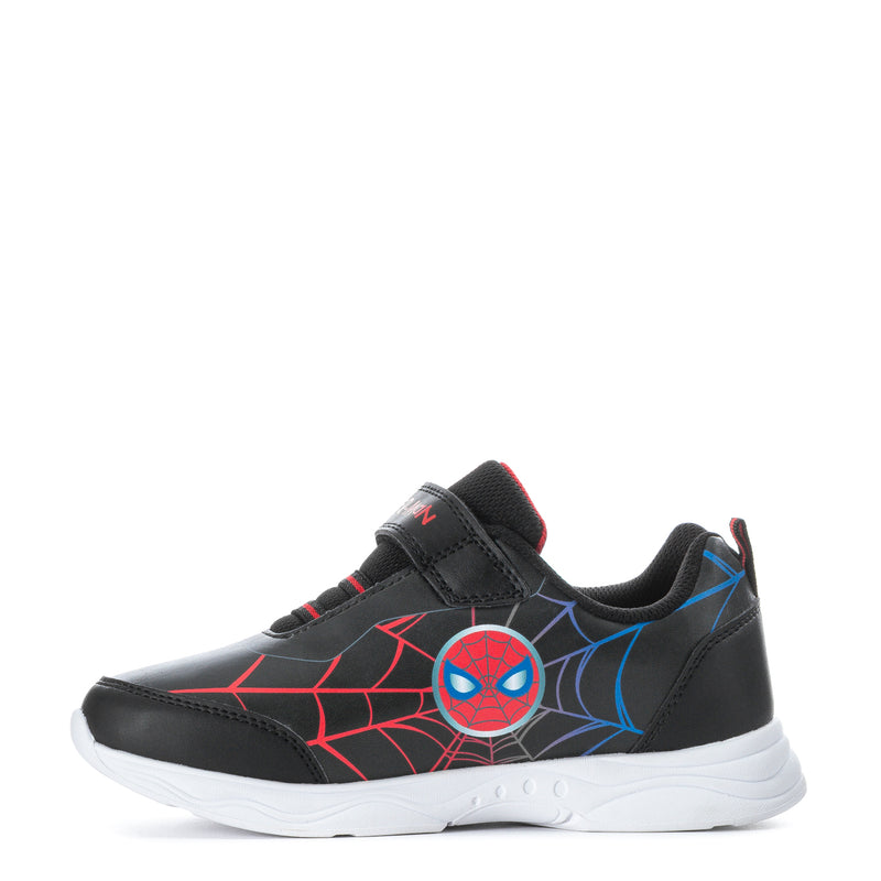Kids low-top sneakers, black with Spider emblem, red/blue web graphics, white sole