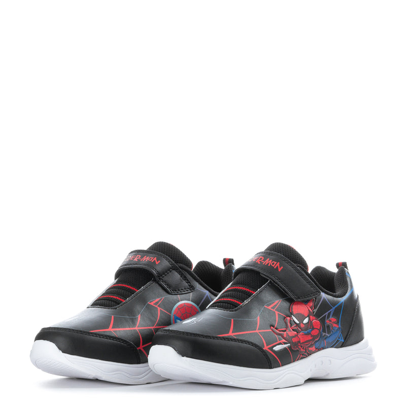 Kids low-top sneakers, black with red/blue Spider web print, white midsole and heel