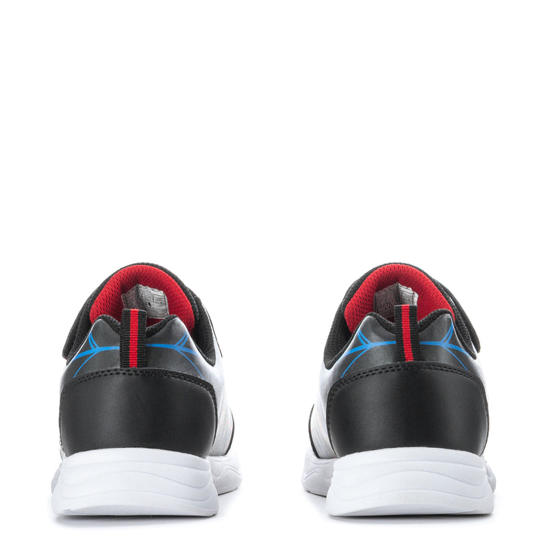 Kids low-top sneaker heel view, black with red collar and blue web side panels, white sole